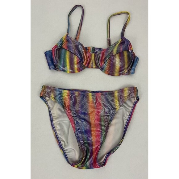 Vintage Sunrays Women's 9 Bikini Rainbow Foil Padded Pushup Bra High Cut Bottoms - Picture 1 of 6